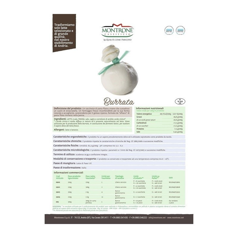 Burrata in carta di Andria I.G.P. 500 gr Montronella Caseificio Montrone