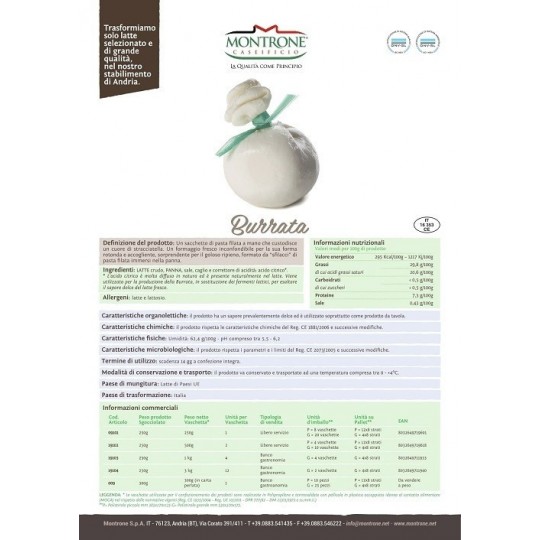 Burrata I.G.P. di Andria 3 kg in carta Montronella Burrata I.G.P. di Andria 3 kg in carta Montronella