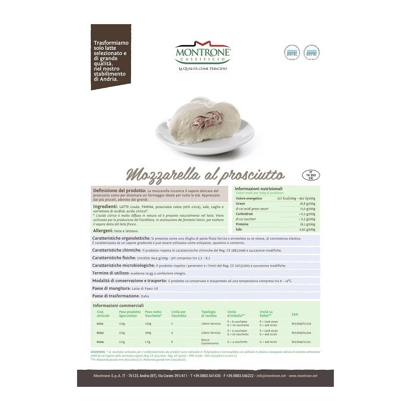 Mozzarella al Prosciutto 125 gr  Montronella Caseificio Montrone