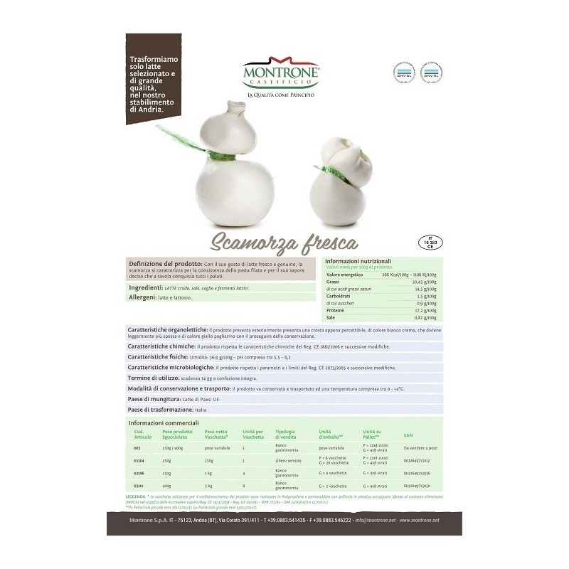 Scamorza Fresca 500gr Montronella Caseificio Montrone