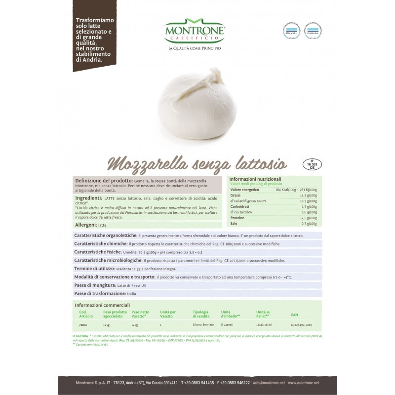 Mozzarella Gemella Senza Lattosio 4 x 125 g Caseificio Montrone 500gr