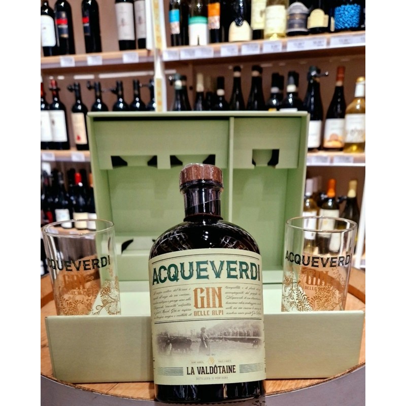 La Valdôtaine Acqueverdi Gin delle Alpi Cofanetto Con Due Bicchieri 70cl